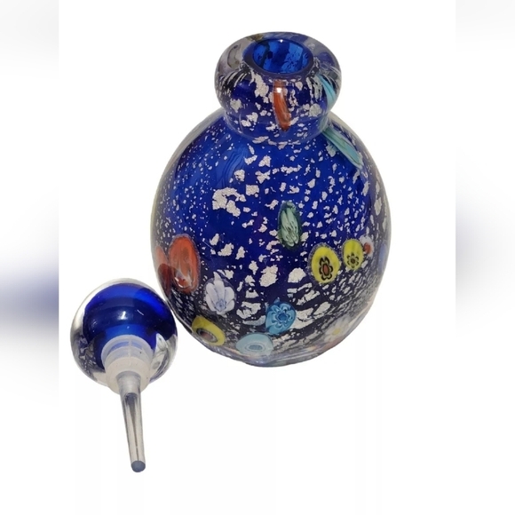Murano Art Glass Perfume Bottle Cobalt Blue Silver Flecks Large Millefiori Vtg - Picture 2 of 7